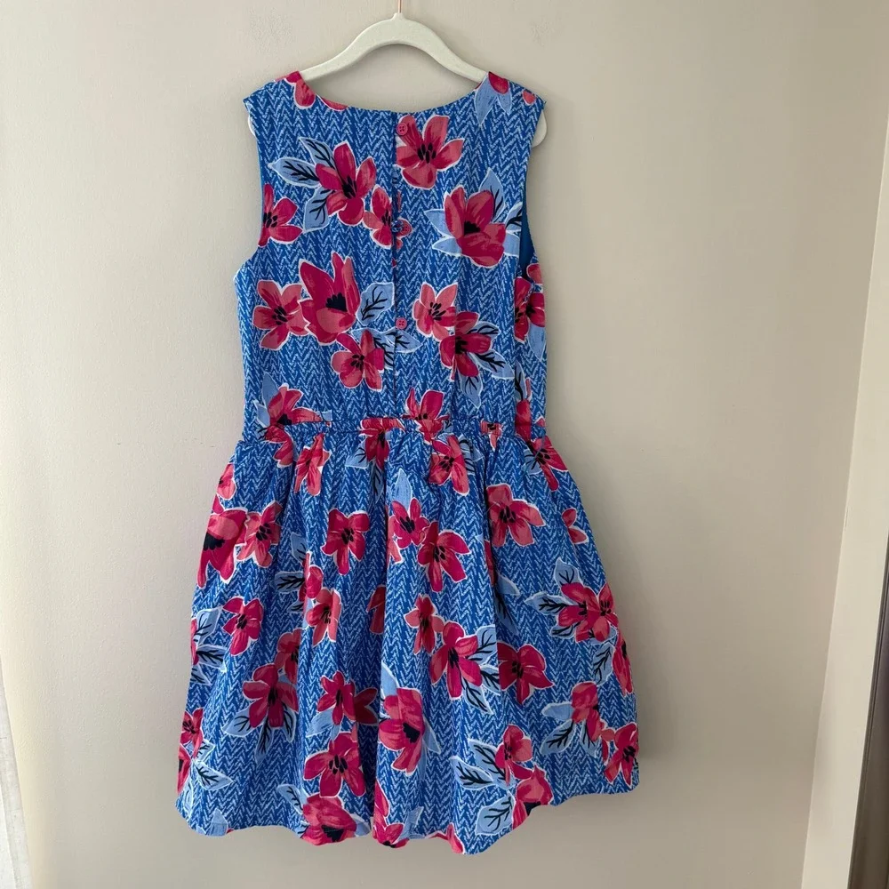 Hatley Girls Blue Chevron Pink Floral Cotton Fit and Flare Dress Size 12